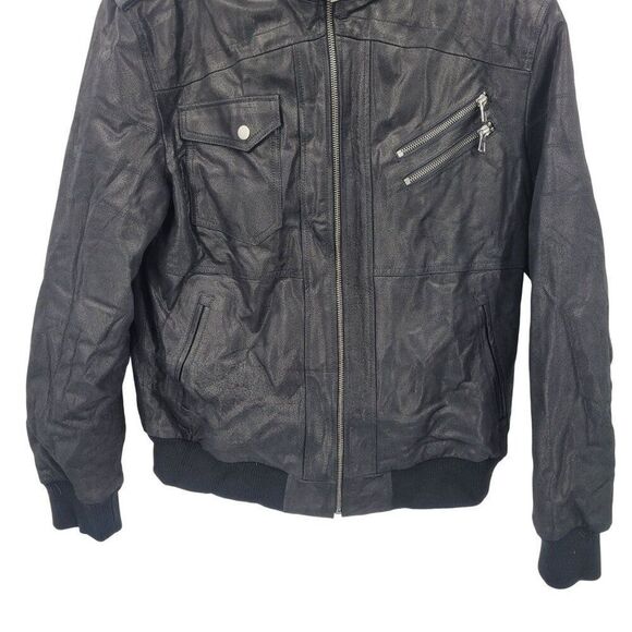 Flavor Mens Layered Pig Leather Hoodie Biker Moto  Jacket M Black Gray Removable - Picture 6 of 16